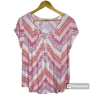 Sonoma Short Sleeve Multi Color Printed Top Boho  Tie Front Tassels Size Large